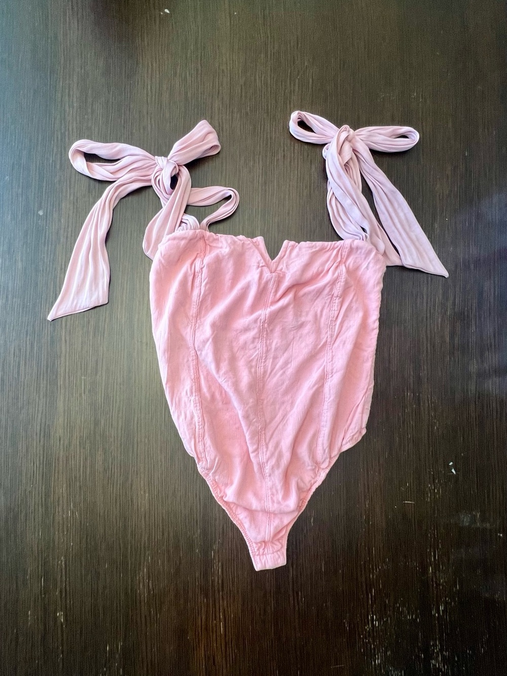Free People XS Lola Bodysuit Pink Bow Tie Shoulder Notch Neck